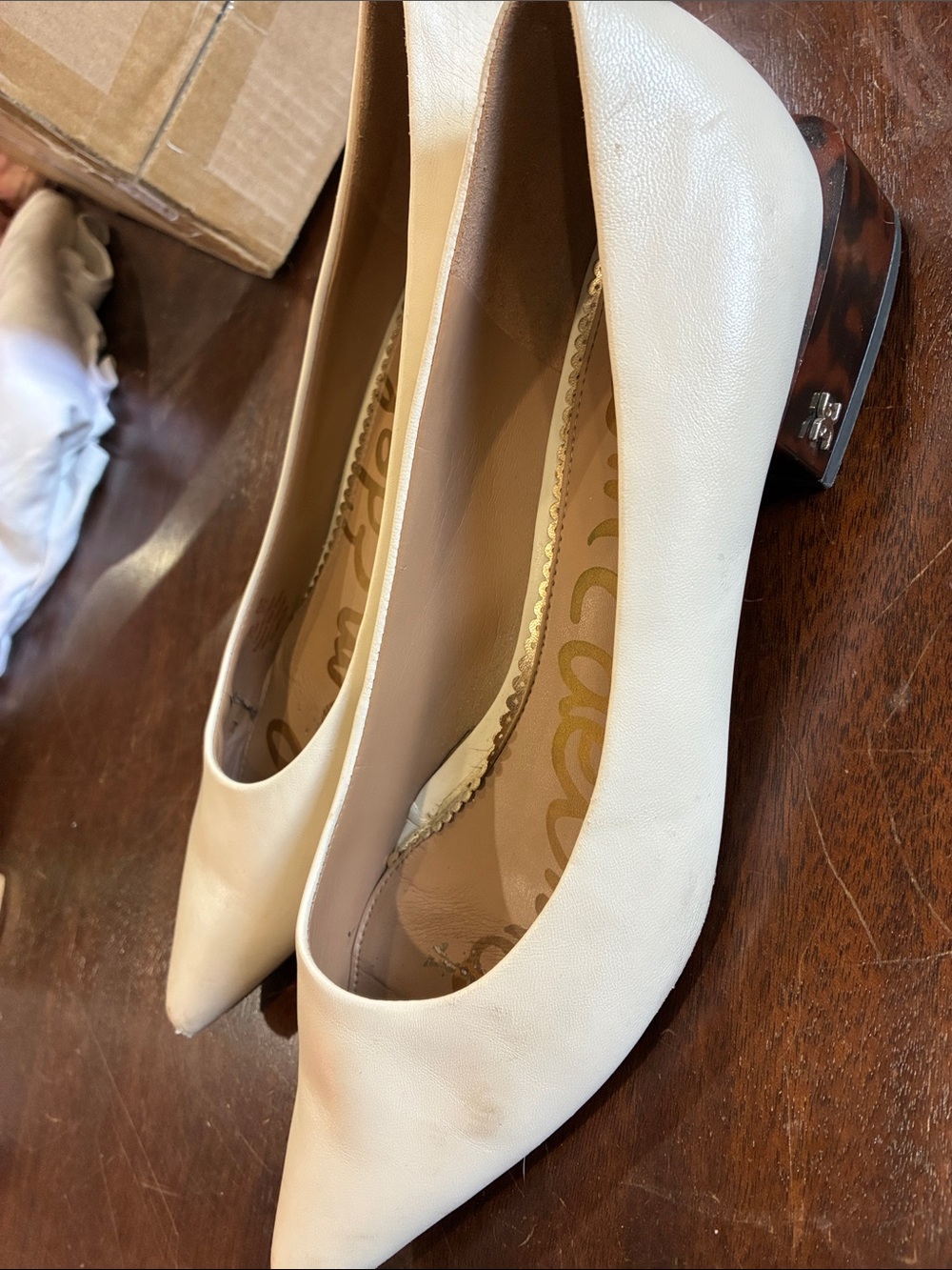 Sam Edelman Cream Pointed-Toe Low Block Heel Pumps